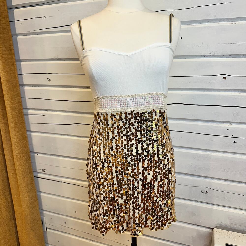 Free People Sequin Mini Dress Women’s 8 White Gold NWOT Slip Dress